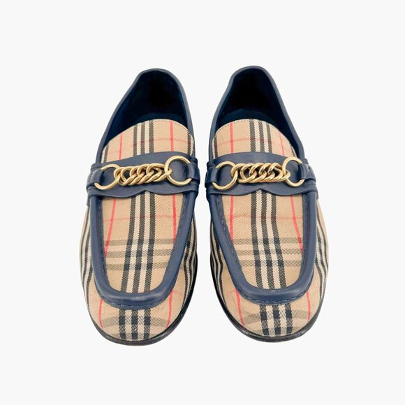 Burberry Solway Chain Loafer EU 38 US 7-7.5 Beige Haymarket Check Canvas Moorley - Picture 2 of 13